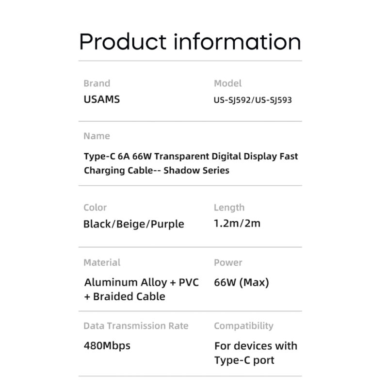 Cabo Usb Usams Usb A pra Tipo C 6A 66W 1.2Metros Púrpura