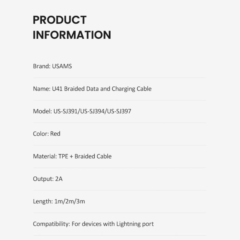 Cabo Usb Usams Usb A pra Lightning Máx. 2A 1 M Vermelho