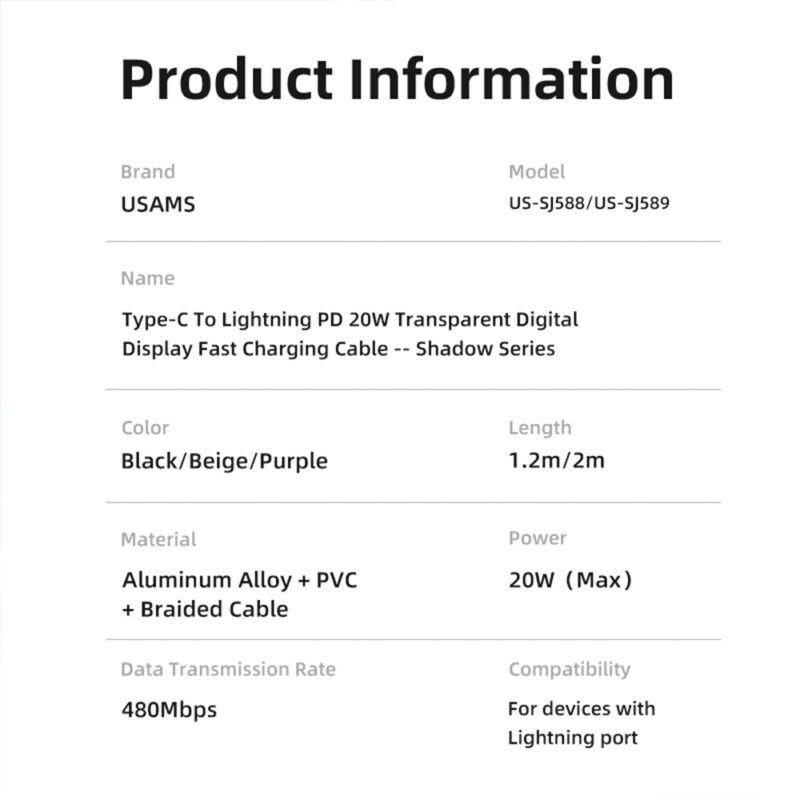 Cabo Usb Usams Usb C pra Lightning Pd 20W 1.2 Metro Bege