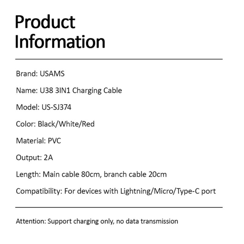 Cabo Usb Usams 3 em 1 Usb A/C/Micro/Ios 2.4A 1 M Preto