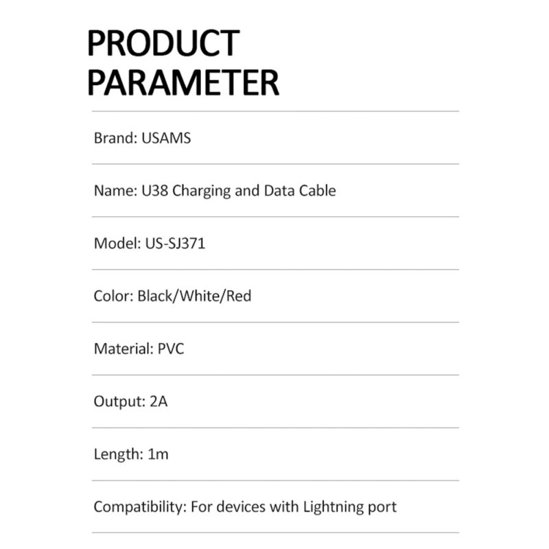 Cabo Usb Usams Usb A pra Lightning Máx. 2A 1 Metro Preto