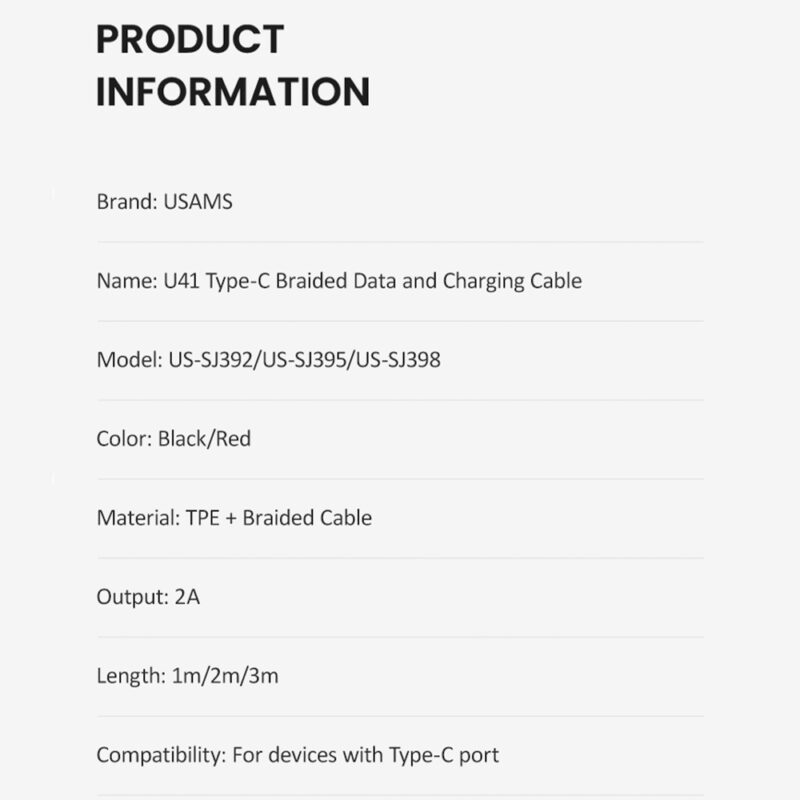 Cabo Usb Usams Usb A para Usb C Max. 2A 1 Metro Vermelho