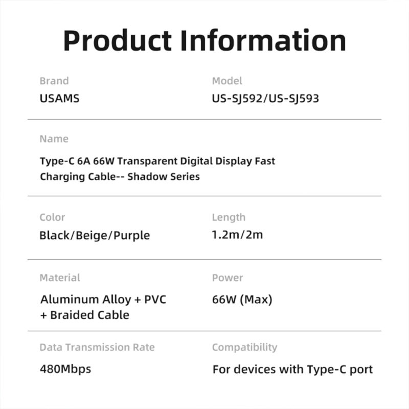 Cabo Usb Usams Usb A pra Usb C Máx 6A 66W 2Metro Púrpura