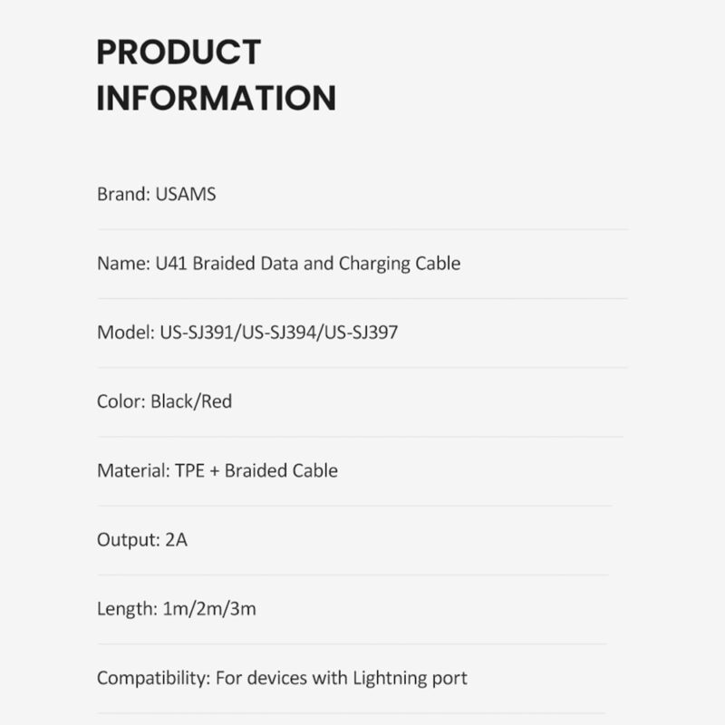 Cabo Usb Usams Usb A p/Lightning Máx. 2A 3Metro Vermelho