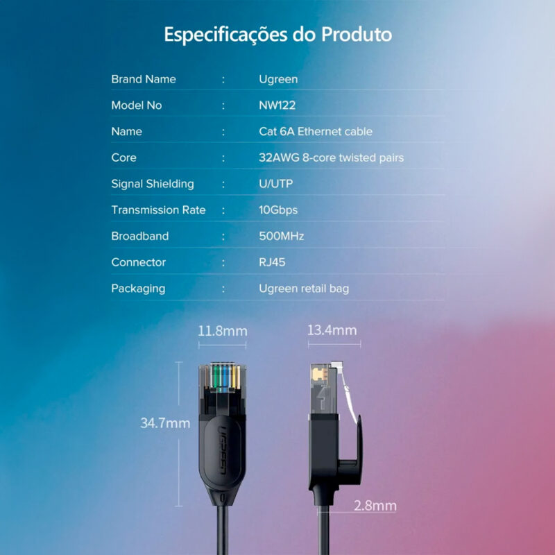 Cabo de Rede Lan Rj45 Ugreen 10gbps Cat6 10 Metros Preto