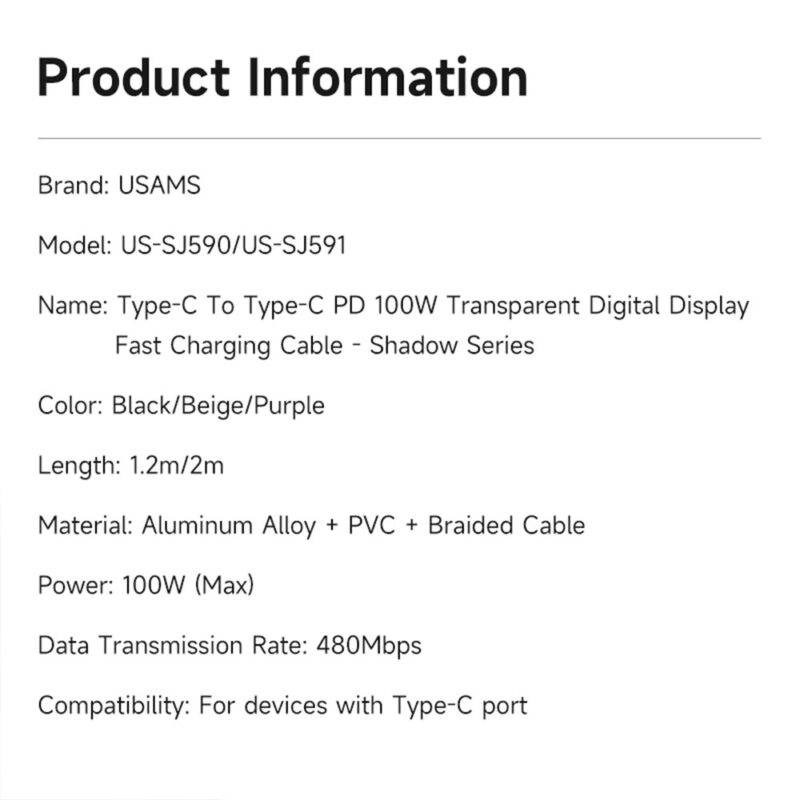 Cabo Usb Usams Tipo C Macho/Macho PD 100W 1.2M Púrpura