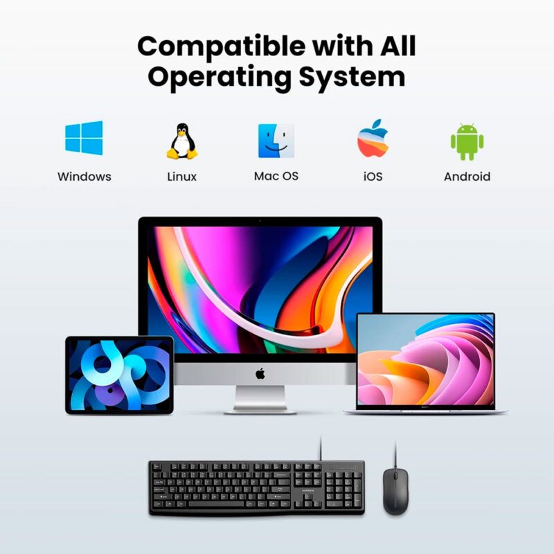 Kit Teclado e Mouse Ugreen Design Compacto com Fio Preto