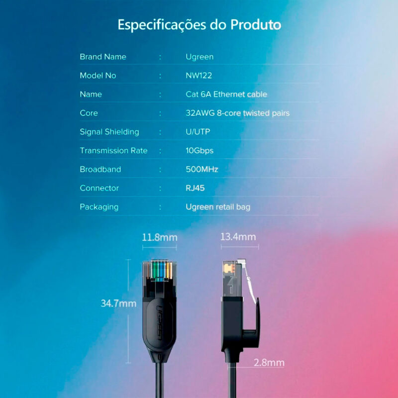 Cabo de Rede Rj45 Ugreen Cat6A UTP Macho 1.5Metro Preto