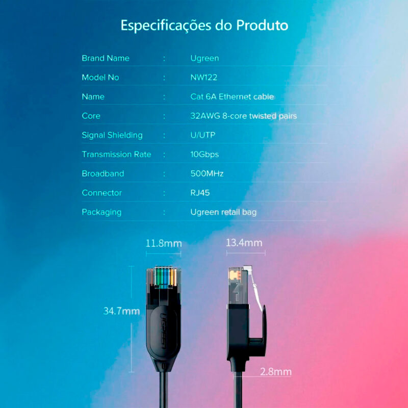 Cabo de Rede Rj45 Ugreen Cat6A UTP Macho 1 Metro Preto