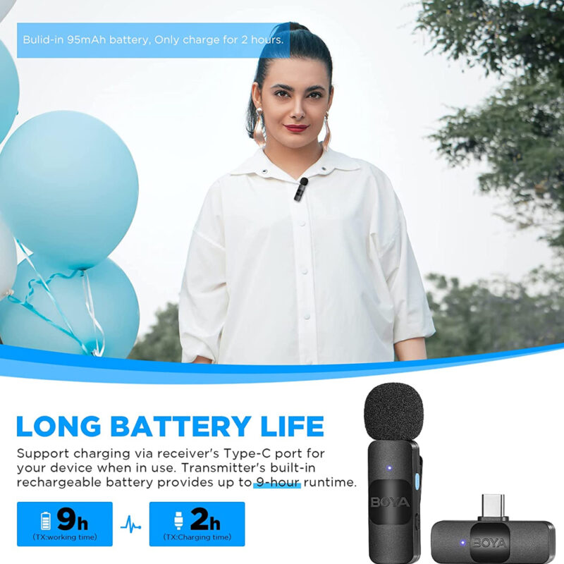 Sistema de Microfone Sem Fio Boya by-v10 Lapela Usb C 2.4Ghz