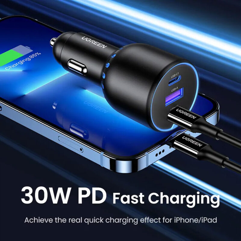 Carregador Veicular Ugreen Usb A/C Pd3.0 130W Carro Preto