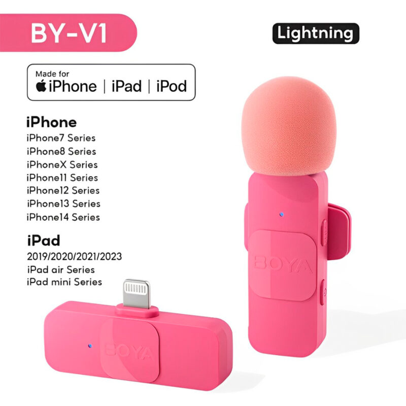 Sistema Microfone Lapela Boya By-v1 p/iPhone 11-14 Rosa
