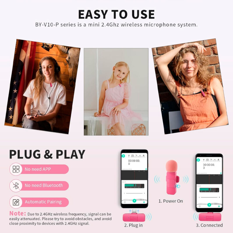 Microfone Lapela Boya By-v10 p/iPhone 15 e Android Rosa