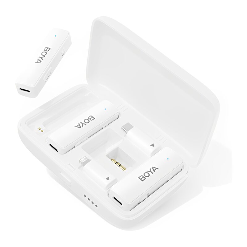 Microfone Lapela Boya Link 3 em 1 Usb C 3.5mm Ios Branco