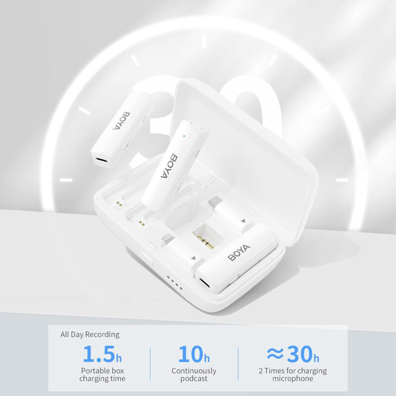 Microfone Lapela Boya Link 3 em 1 Usb C 3.5mm Ios Branco