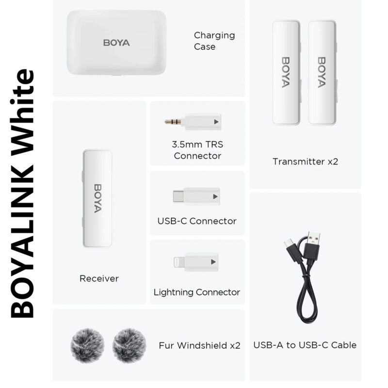 Microfone Lapela Boya Link 3 em 1 Usb C 3.5mm Ios Branco