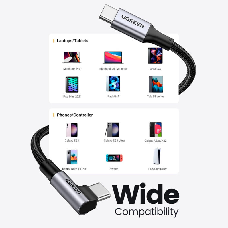 Cabo Usb Angular Ugreen Usb C 2.0 Macho 5A 3Metros Preto