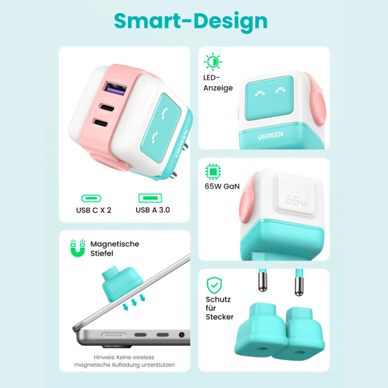 Carregador Parede Ugreen Porta Usb-A/C Máx 65W Azul Rosa