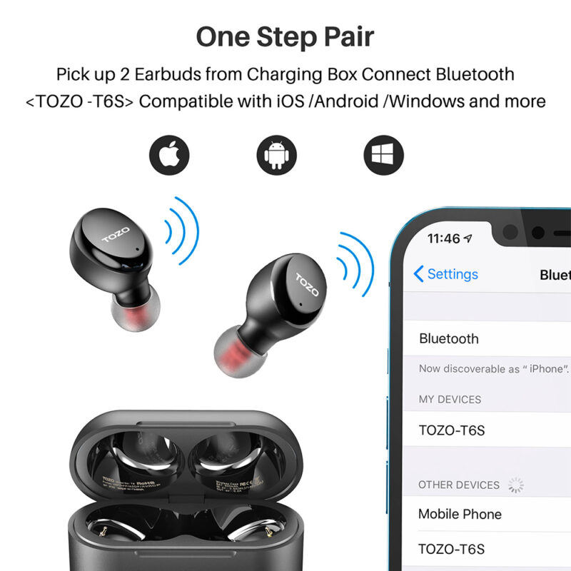 Fone de Ouvido Sem Fio Tozo T6s – Bluetooth Preto