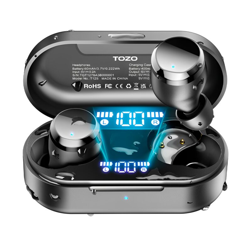 Fone de Ouvido Sem Fio Tozo T12s Bluetooth 5.3 Preto