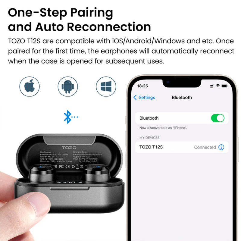 Fone de Ouvido Sem Fio Tozo T12s Bluetooth 5.3 Preto