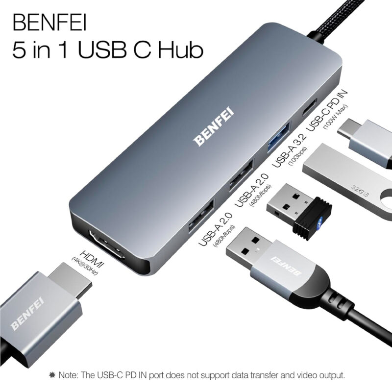 Hub Multifuncional Benfei 5 em 1 p/USB C Cinza Hub com 1x Hdmi 4K