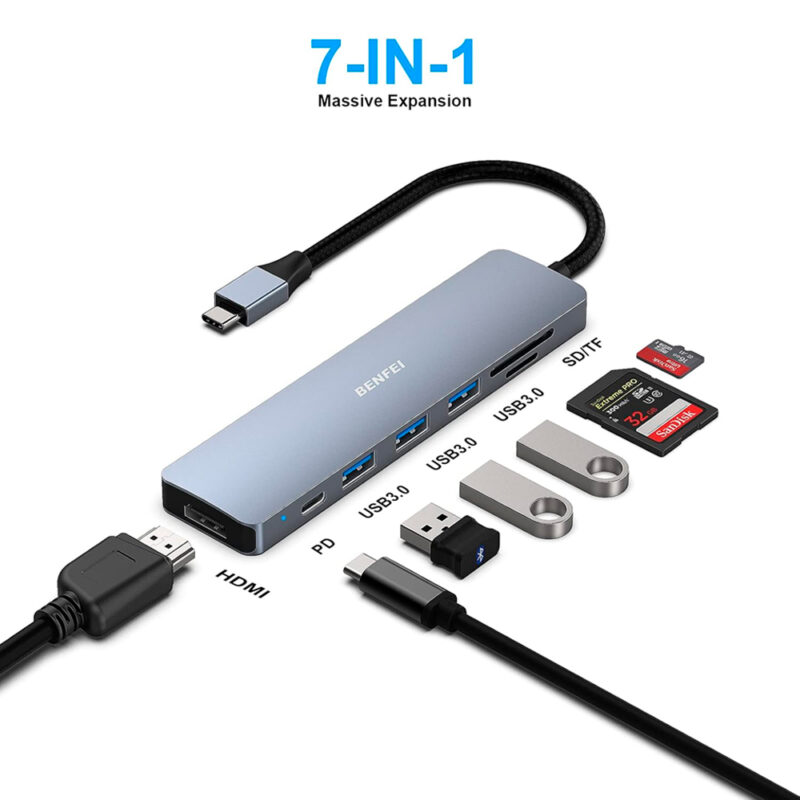 Hub Adaptador Multifuncional Benfei 7 em 1 p/Usb C Cinza
