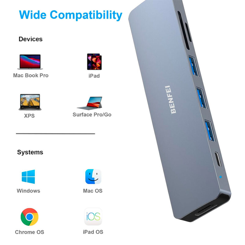 Hub Adaptador Multifuncional Benfei 7 em 1 p/Usb C Cinza