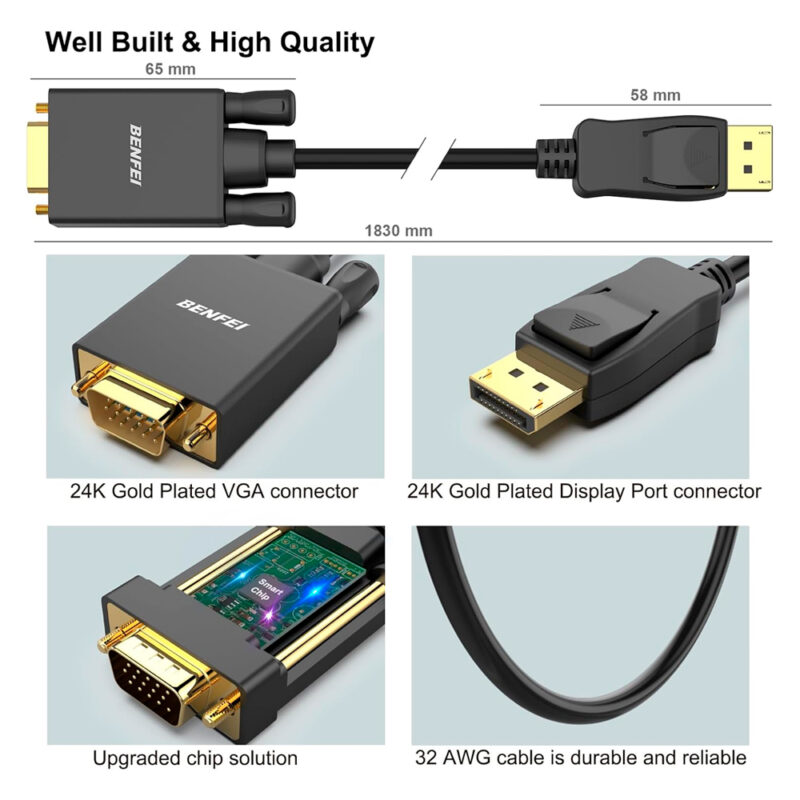 Cabo DisplayPort para VGA Benfei Aprox. 1,83m Preto