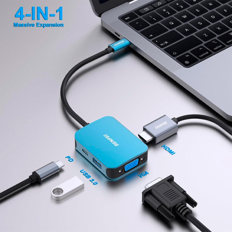 Hub Adaptador Multiportas Benfei 4 em 1 p/Usb-C Azul
