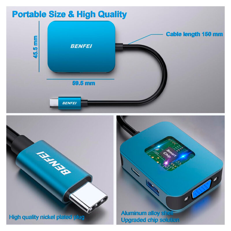 Hub Adaptador Multiportas Benfei 4 em 1 p/Usb-C Azul