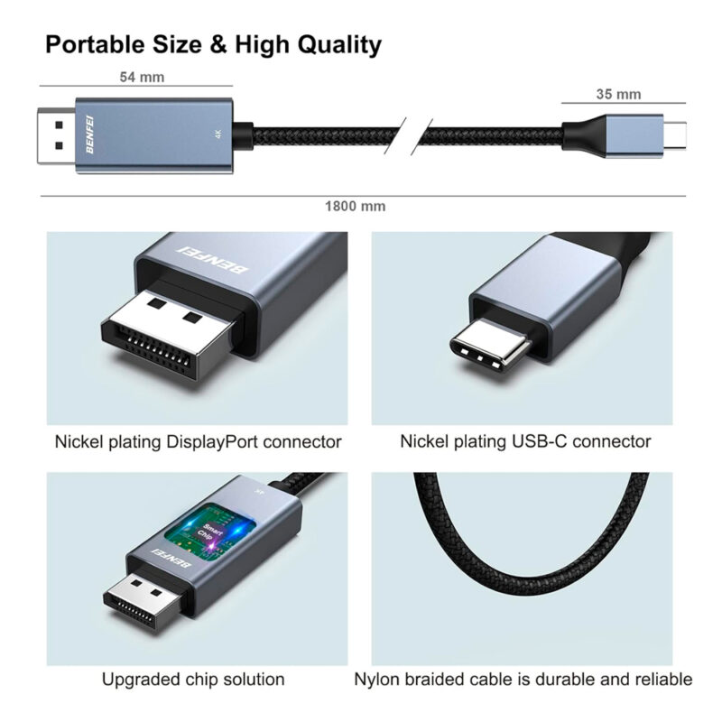 Cabo USB-C p/DisplayPort Benfei Macho-Macho Aprox. 1,83 Metros, Cinza
