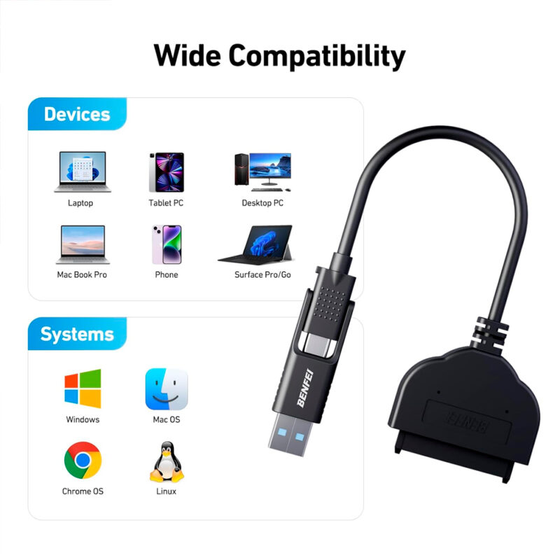 Cabo SATA Benfei 2 em 1, Sata3 p/Usb C /Usb 3.0 Preto