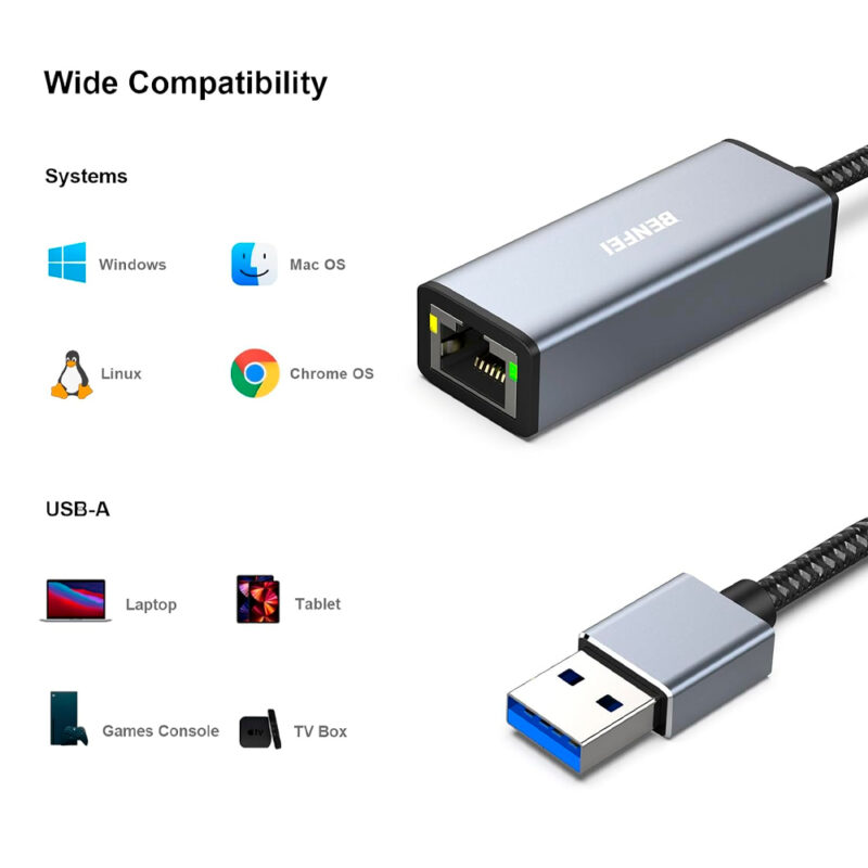 Adaptador Benfei USB 3.0 para RJ45 Ethernet Cinza