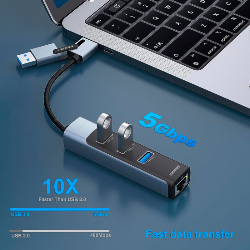 Hub Adaptador Multifuncional BENFEI 2 em 1 p/USB C/A 3.0 Cinza