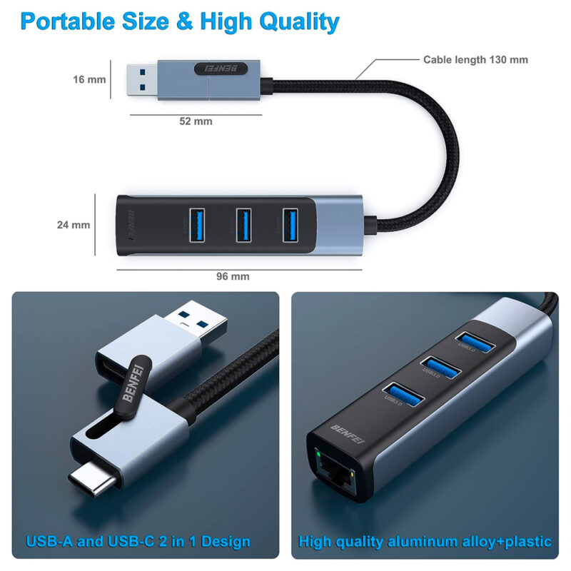 Hub Adaptador Multifuncional BENFEI 2 em 1 p/USB C/A 3.0 Cinza