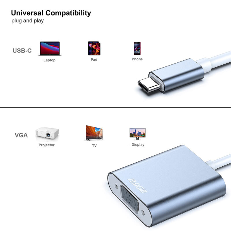 Adaptador de Vídeo Benfei USB-C para VGA Cinza