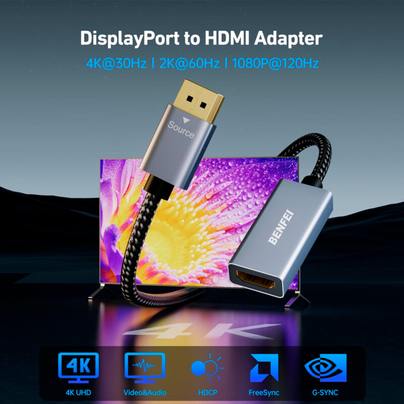 Adaptador Benfei DisplayPort para HDMI – Conversão de Áudio e Vídeo
