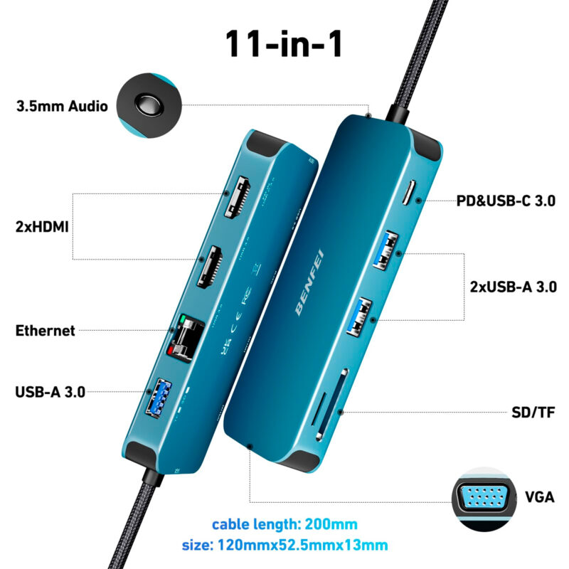 Hub Adaptador Multifuncional Benfei 11 em 1 p/USB-C Azul