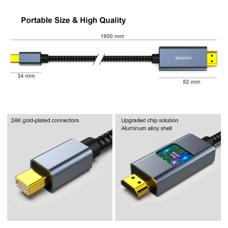 Cabo Mini DisplayPort p/Hdmi Benfei 4k30Hz 1,8M Cinza