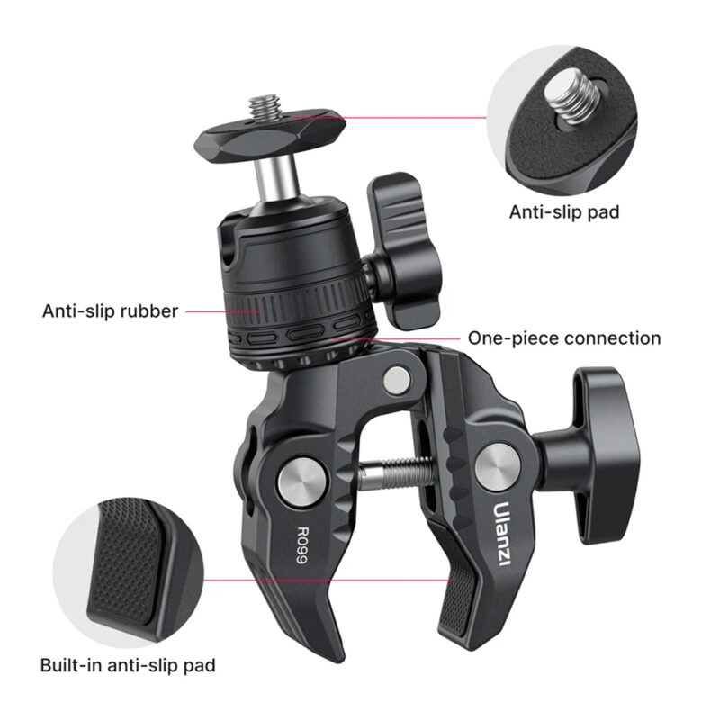 Suporte Braçadeira Ulanzi, Parafuso 1/4", Cabeça Esférica 360°