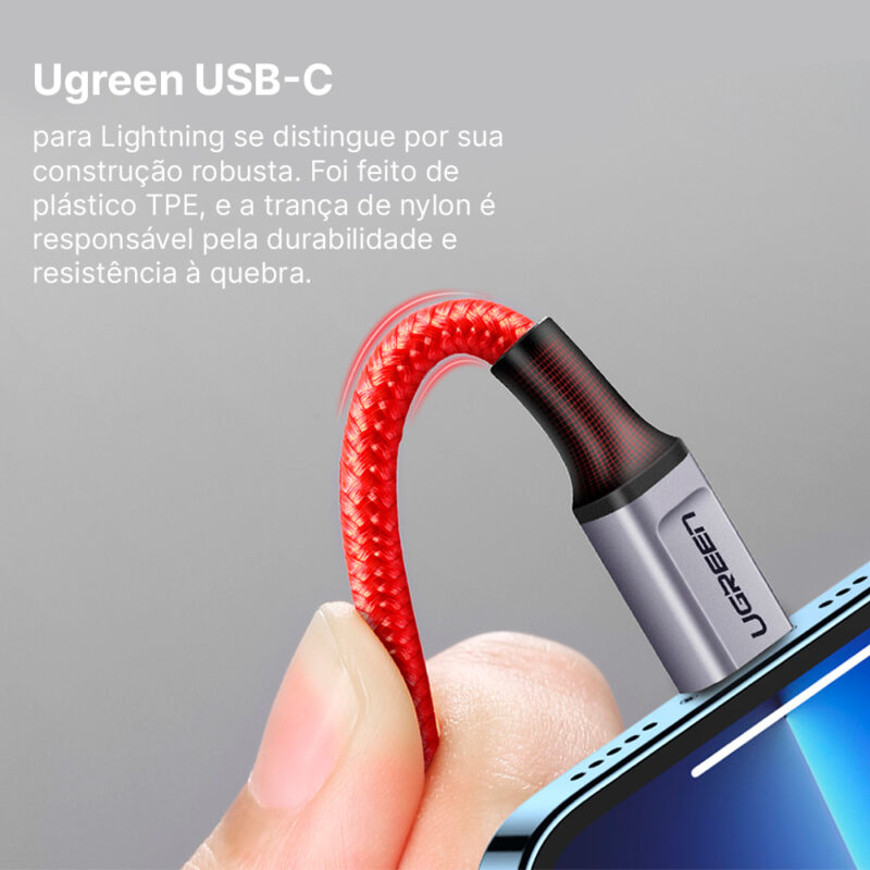Cabo Usb Ugreen Usb C p/Lightning 3A, Macho/Macho 1Metro Vermelho