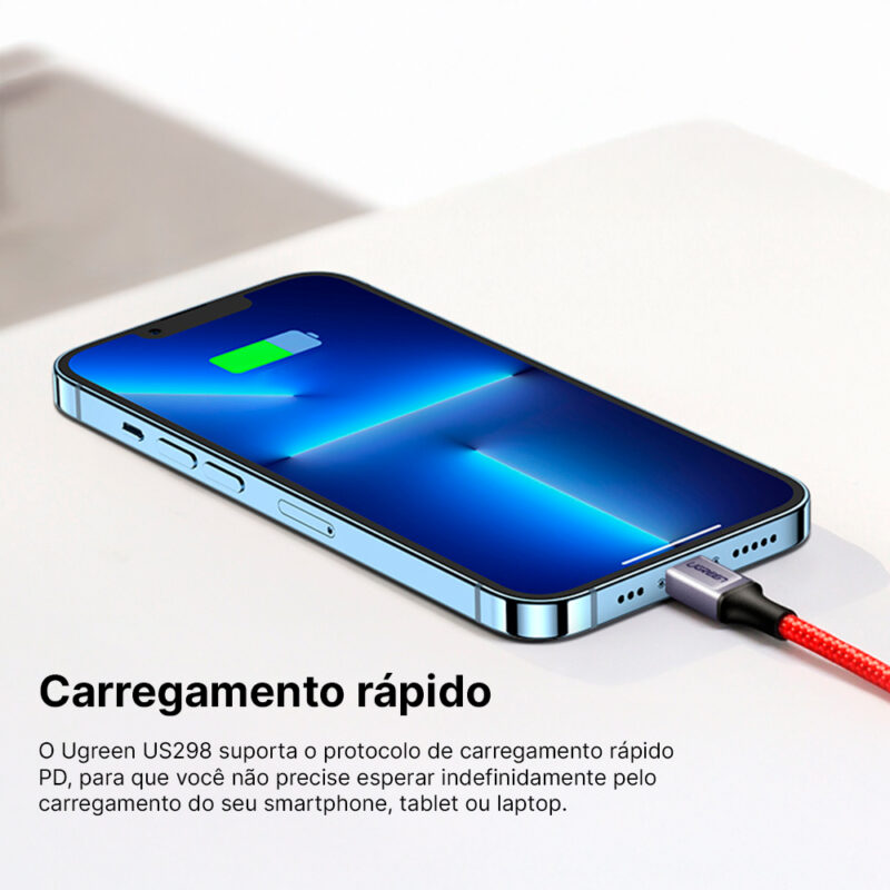 Cabo Usb Ugreen Usb C p/Lightning 3A, Macho/Macho 1Metro Vermelho