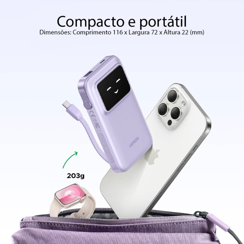 Power Bank Ugreen 10000mAh Usb C 30W Purpura, Bateria Portátil de Carregamento Rápido