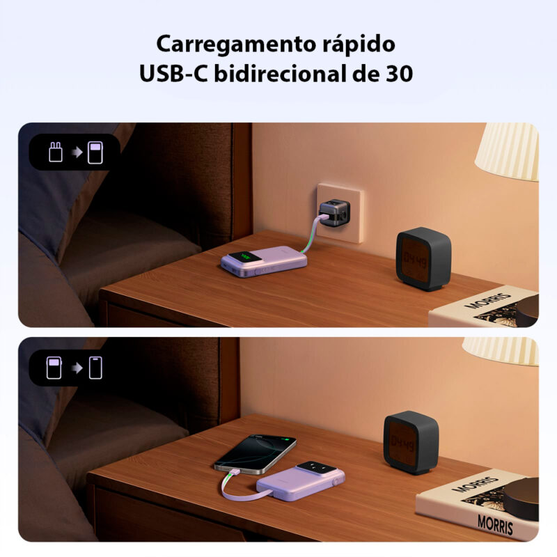 Power Bank Ugreen 10000mAh Usb C 30W Purpura, Bateria Portátil de Carregamento Rápido