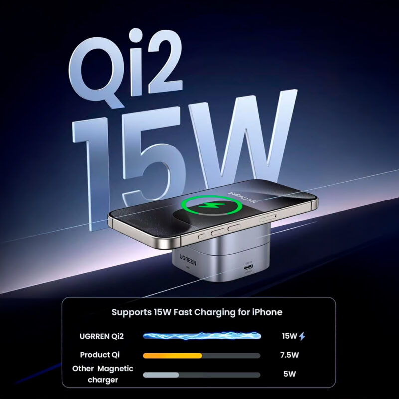 Carregador Sem Fio 2 em 1 Ugreen Qi2 – Carregamento Rápido 15W