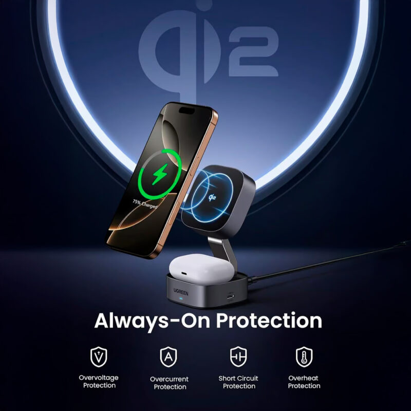 Carregador Sem Fio 2 em 1 Ugreen Qi2 – Carregamento Rápido 15W