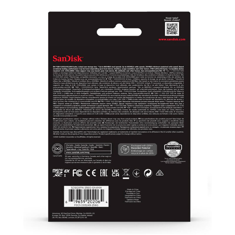 Cartão de Memória SanDisk 256GB microSD Express