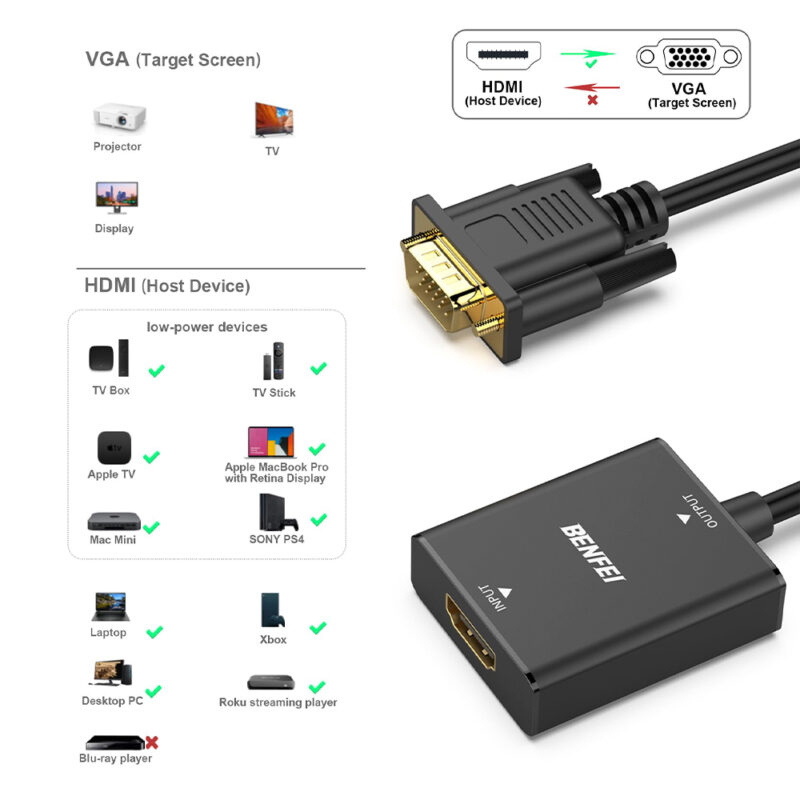 Benfei Hub Adaptador VGA p/Hdmi, 3.5mm, Micro Usb Preto