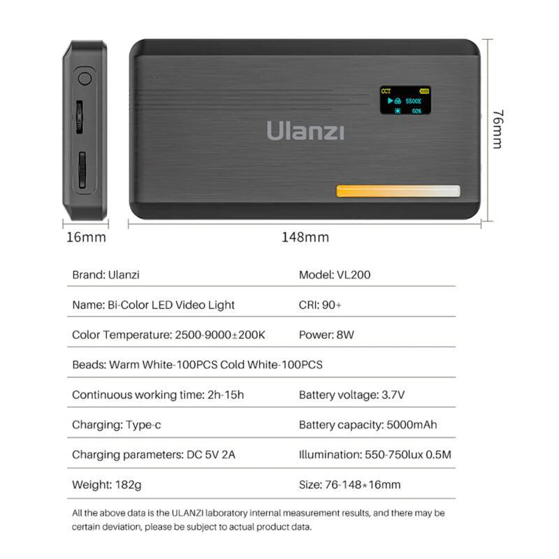 Luz de Vídeo Led Ulanzi VL200 Rosca 1/4" Bicolor Preto